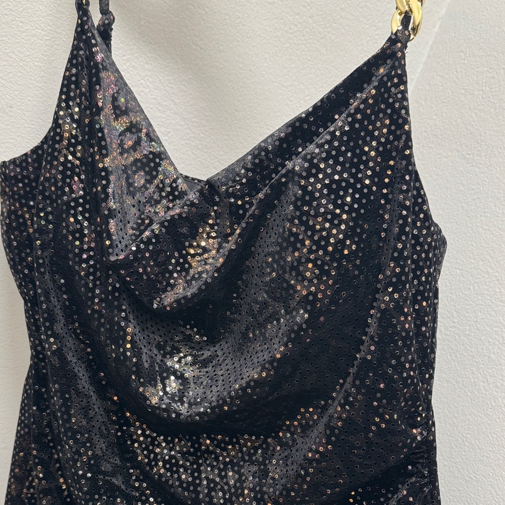 Black Sequin Mini Dress with Gold Chain Straps by Siena Size 16 - Picture 9 of 11